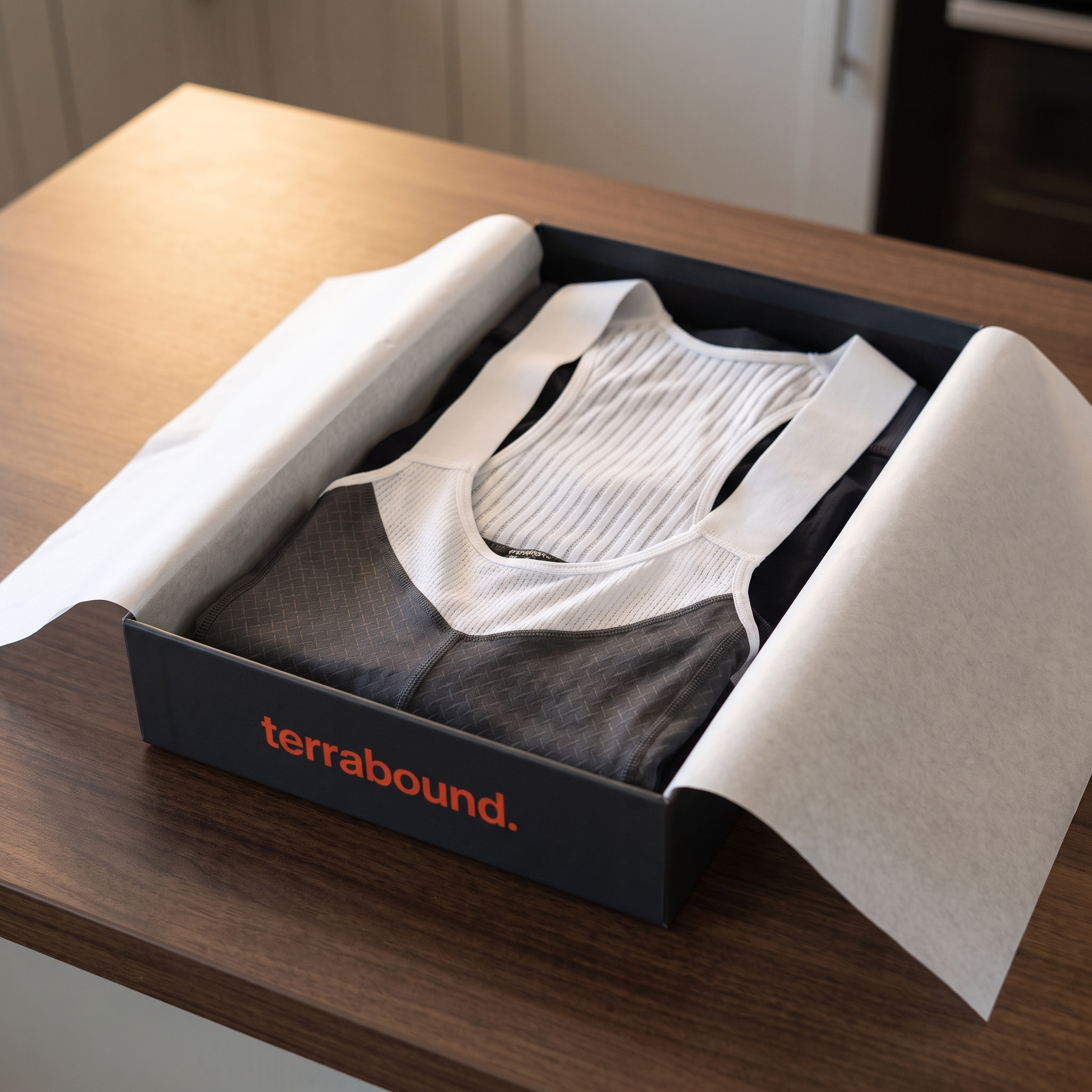The bib shorts presented in dark branded packaging