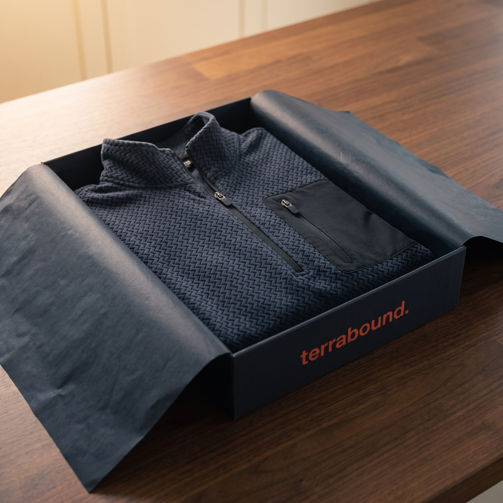 The quarter zip fleece presented in dark branded packaging