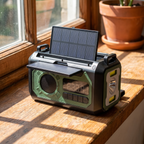 Emergency radio on a sunny windowsill with both solar panels folded out