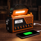 Phone charging from the radio's USB output on a table at night