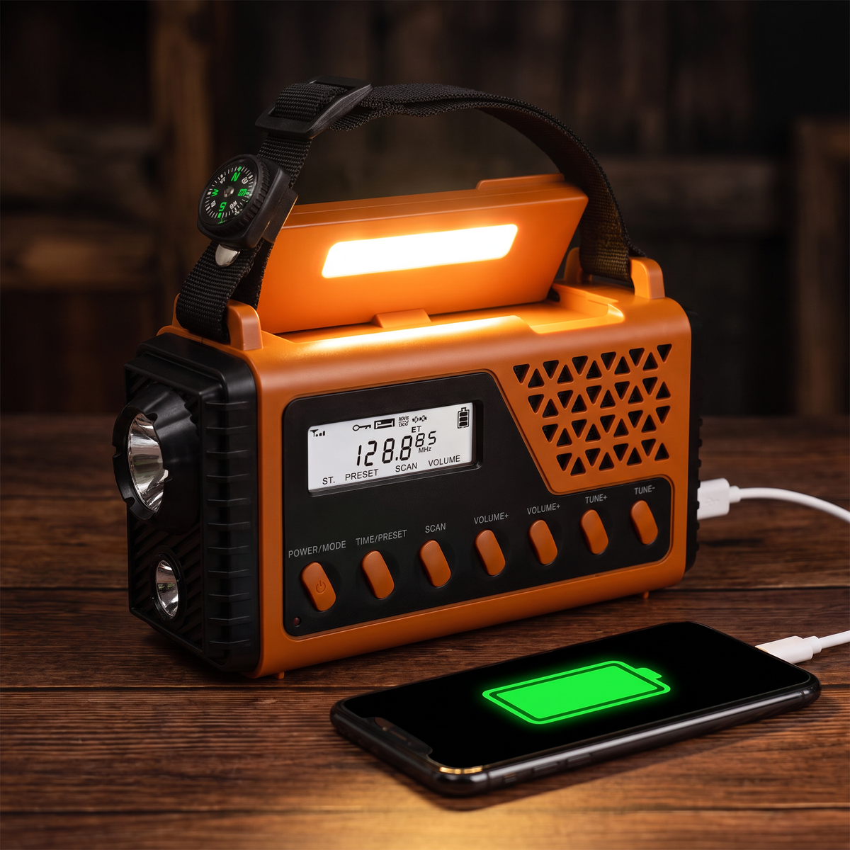 Phone charging from the radio's USB output on a table at night
