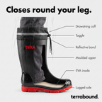 Cutaway of the mid-calf welly showing the drawstring cuff, toggle, reflective band, moulded upper, EVA insole and lugged sole