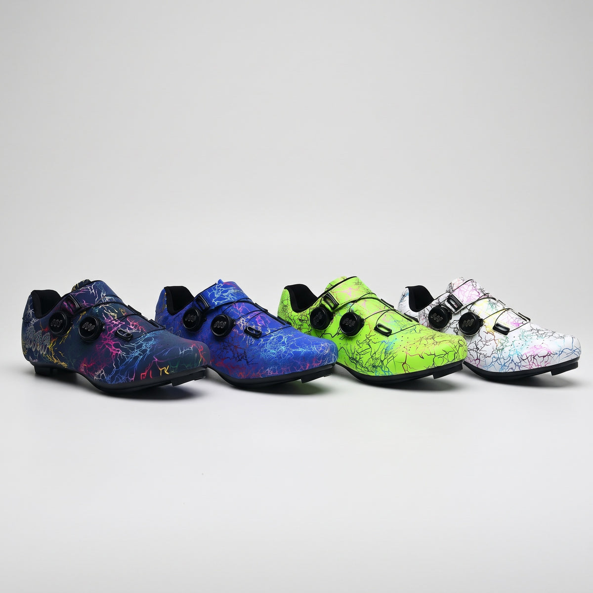 The cycling shoes in Dark Blue, Royal Blue, Green and White