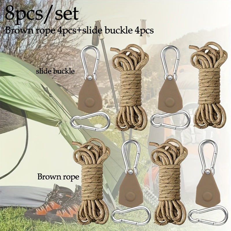 8pcs Set/4pcs Set 157.48-Inch Metal Pulley Camping Tent Fixed Rope, with Reflective Strip, Adjustable Drawstring Buckle Fastener, Suitable for Fixing Wild Camping, Outdoor Equipment, Awnings And Holiday Decorations, Elastic Outdoor Storage Bag