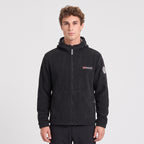 Men's black windproof fleece jacket worn zipped up, front view
