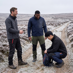 Three walkers on a frosted moorland path wearing the winter walking trousers
