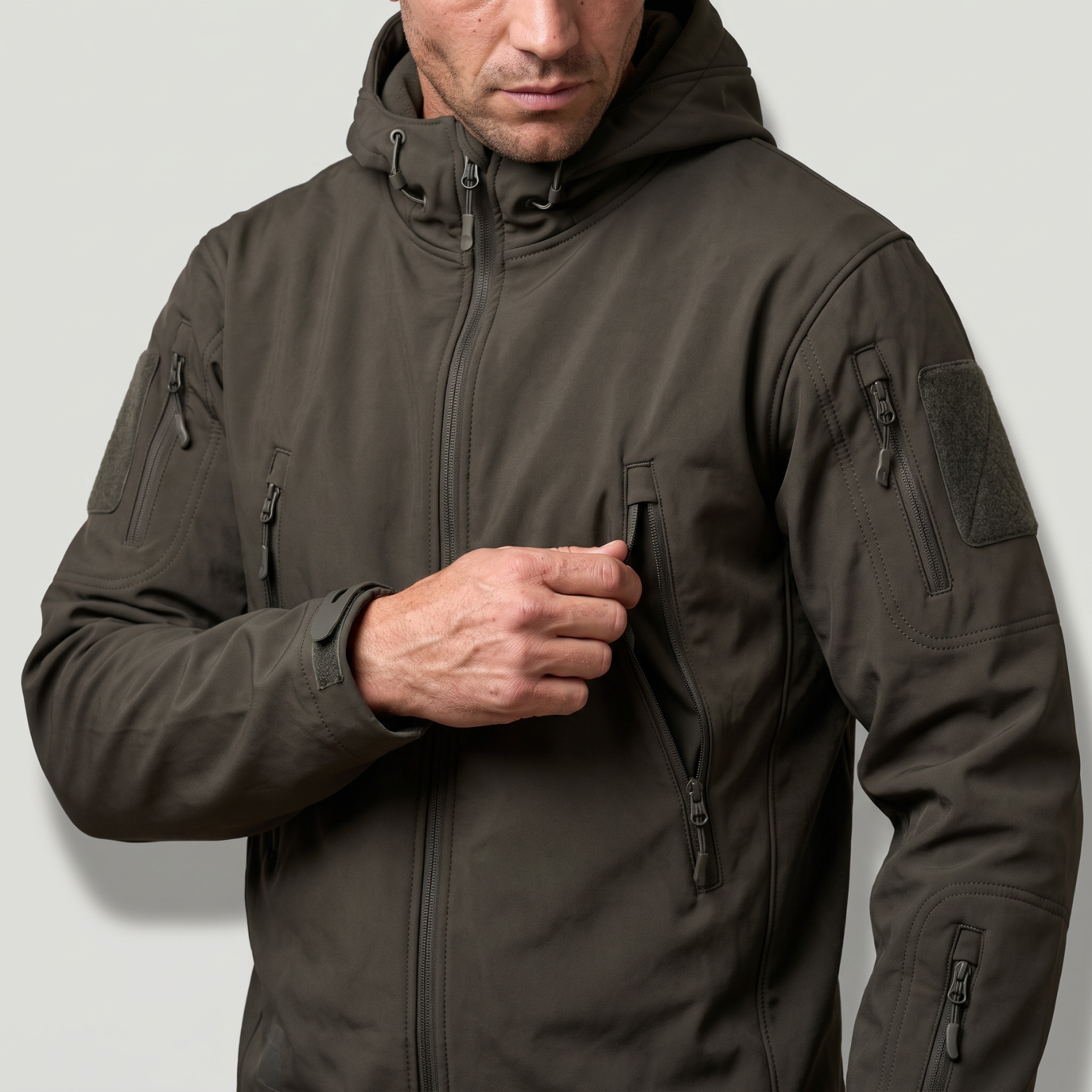 Mens Softshell Jacket – Fleece Lined Hooded Military Style Coat with Zip Pockets