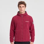 Men's red windproof fleece jacket worn zipped up, front view