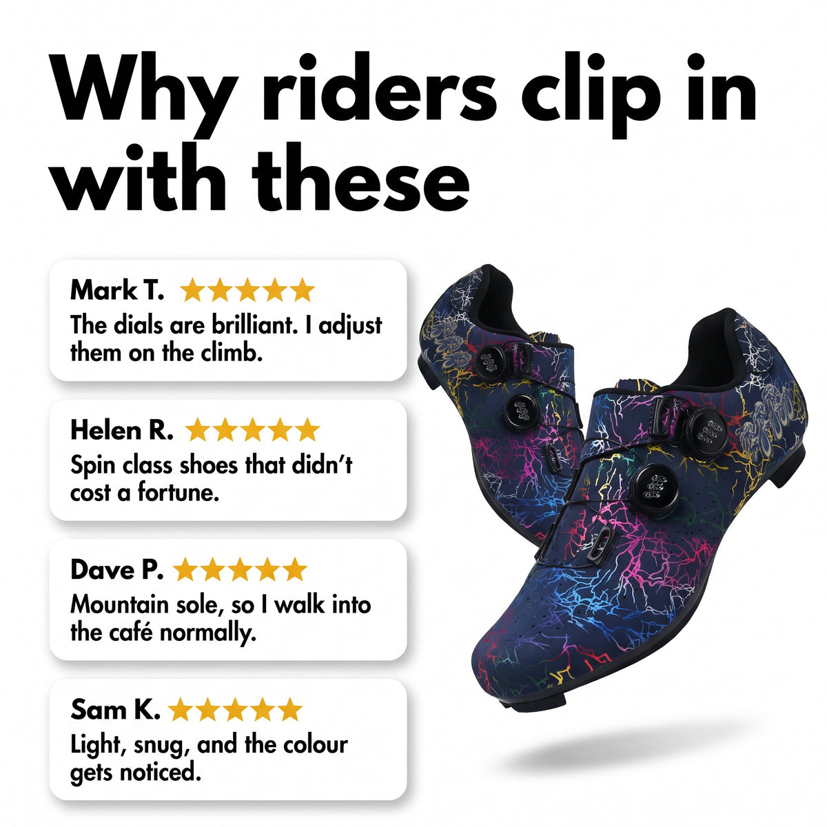 Four customer review cards beside a pair of Dark Blue cycling shoes