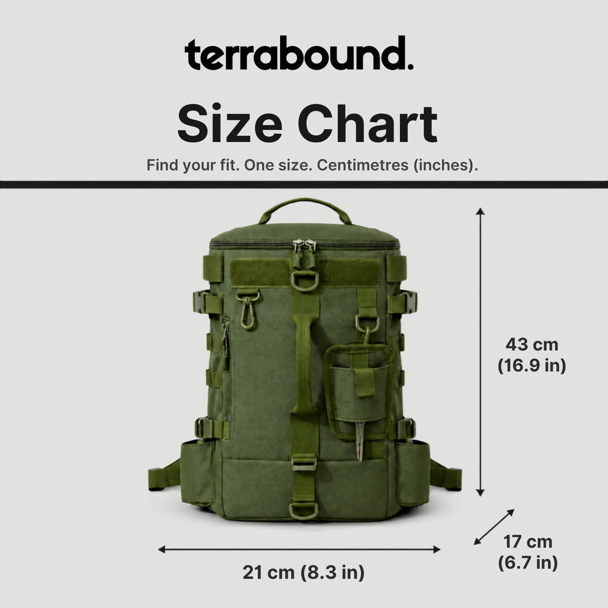 Size chart: 43 cm high, 21 cm wide, 17 cm deep