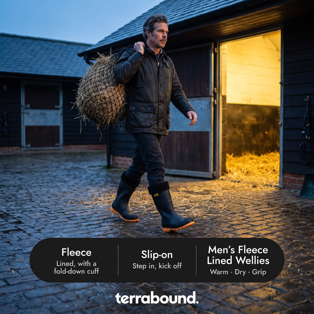 Man crossing a stable yard at dusk with a hay net, wearing fleece lined wellies