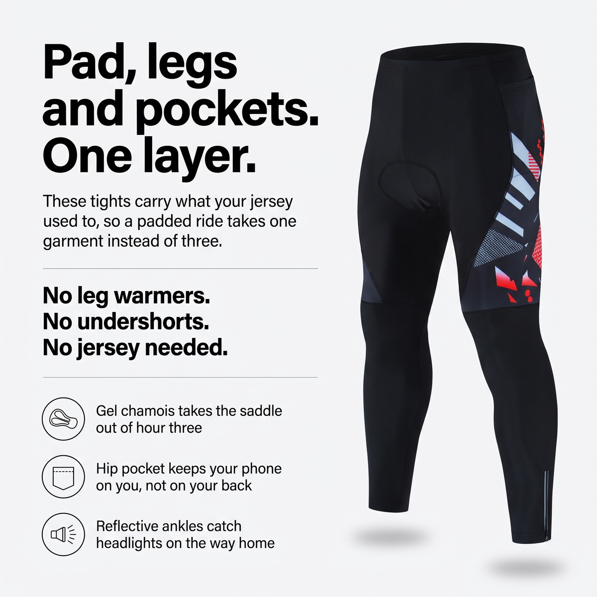 Pad, legs and pockets in one layer, key features of the cycling tights
