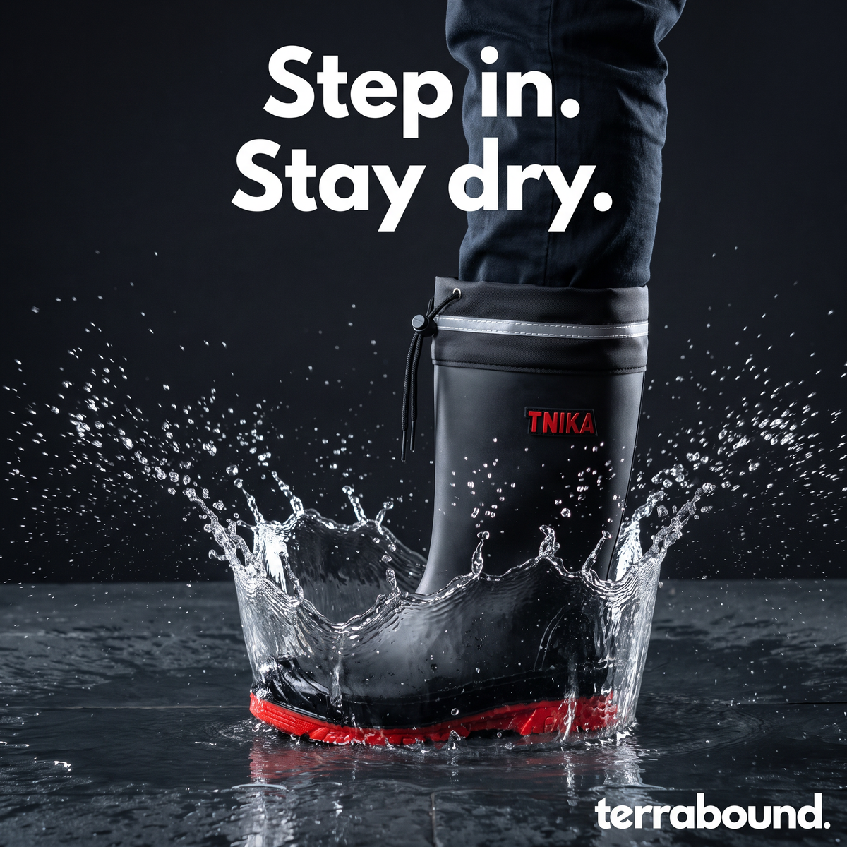 Welly stamping into a puddle, the splash frozen around the shaft below the closed cuff