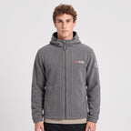 Men's grey windproof fleece jacket worn zipped up, front view