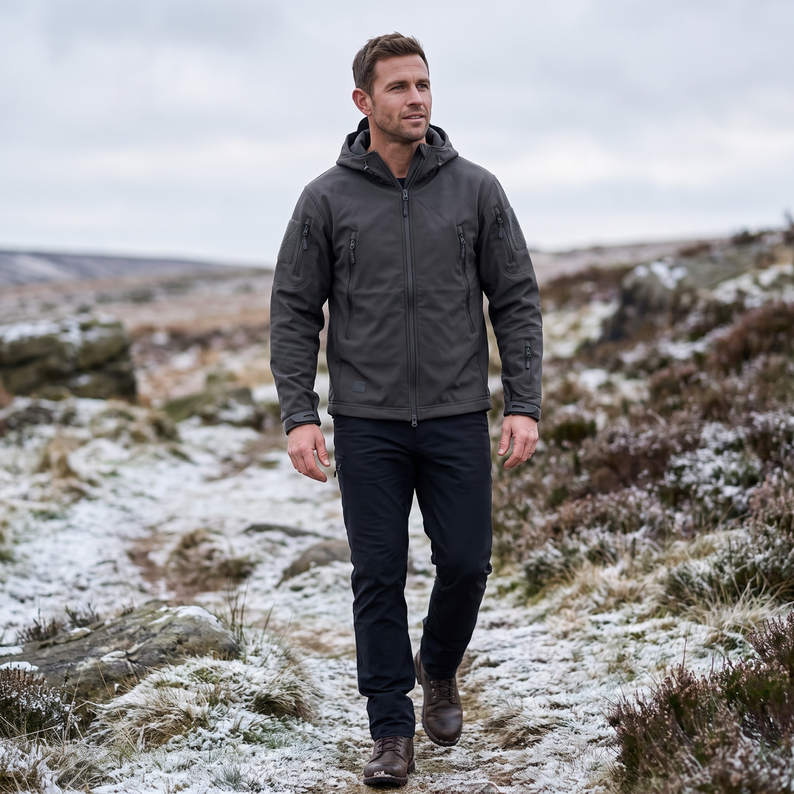 Mens Softshell Jacket – Fleece Lined Hooded Military Style Coat with Zip Pockets