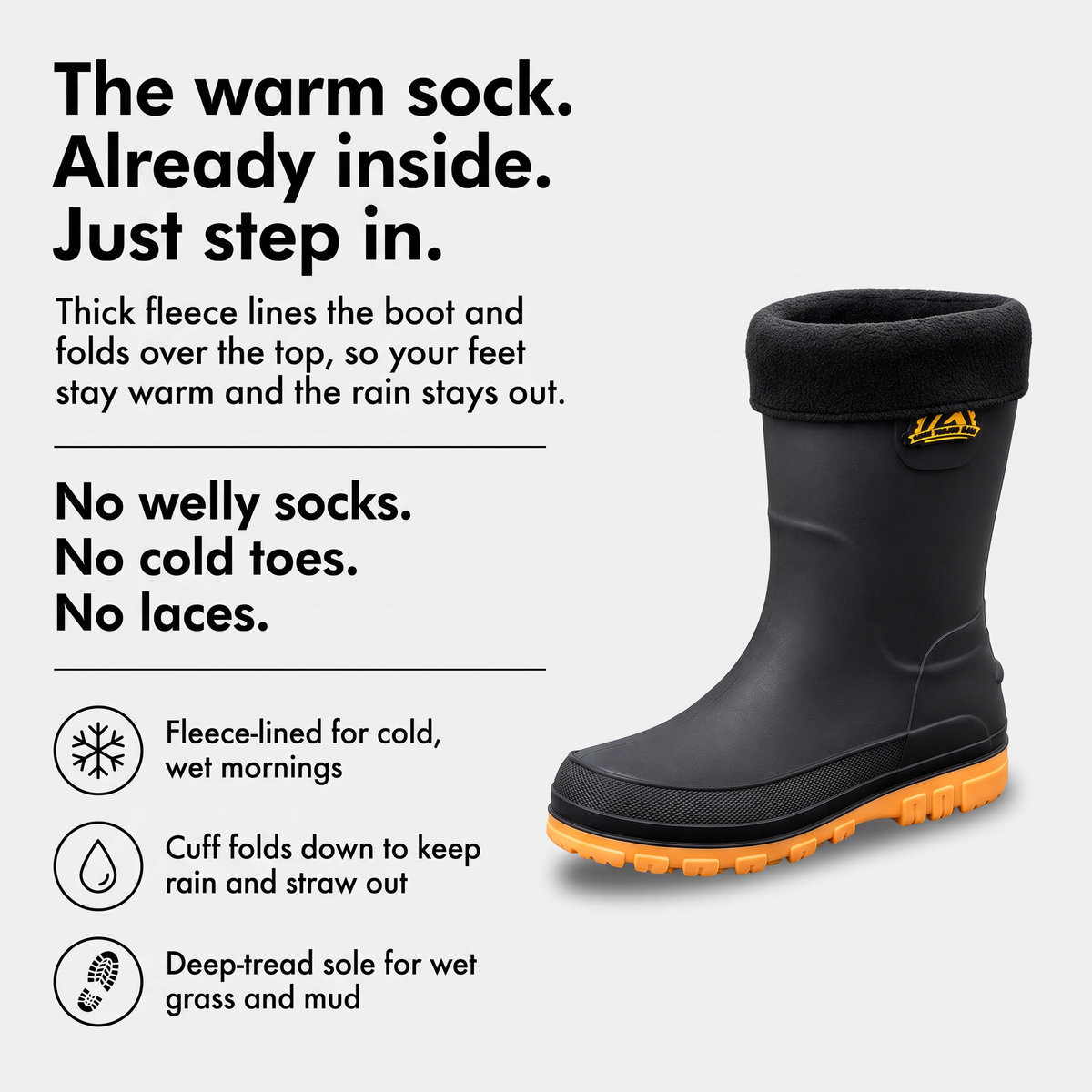 Fleece lined wellies infographic: the warm sock already inside, a fold-down cuff and a deep-tread sole
