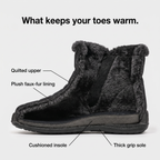 Cutaway of the winter boot showing the quilted upper, faux fur lining, cushioned insole and grip sole