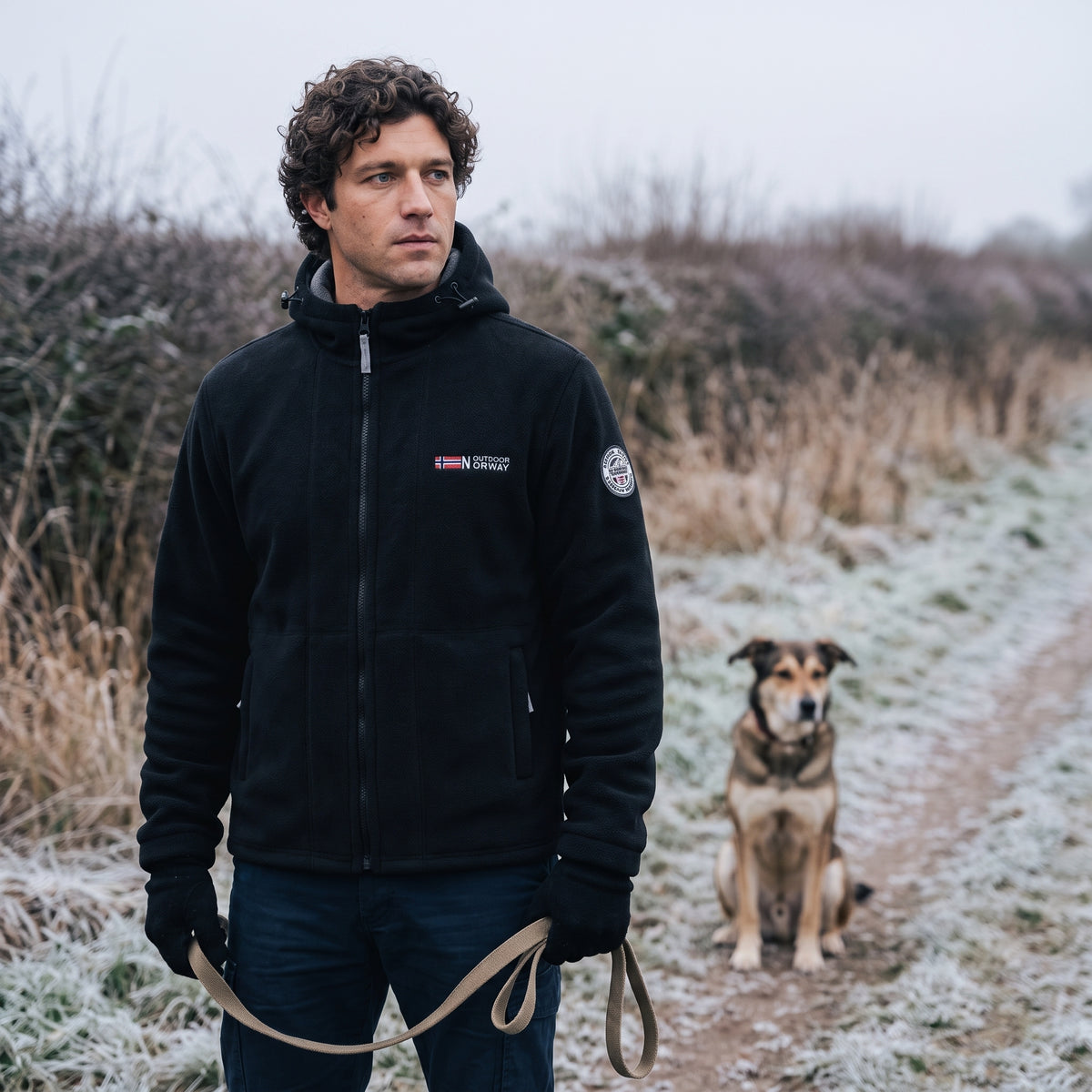 Man on a winter dog walk in the black windproof fleece jacket
