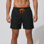 Men's swim shorts in black with orange drawcord, front view