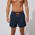 Men's swim shorts in navy with orange drawcord, front view