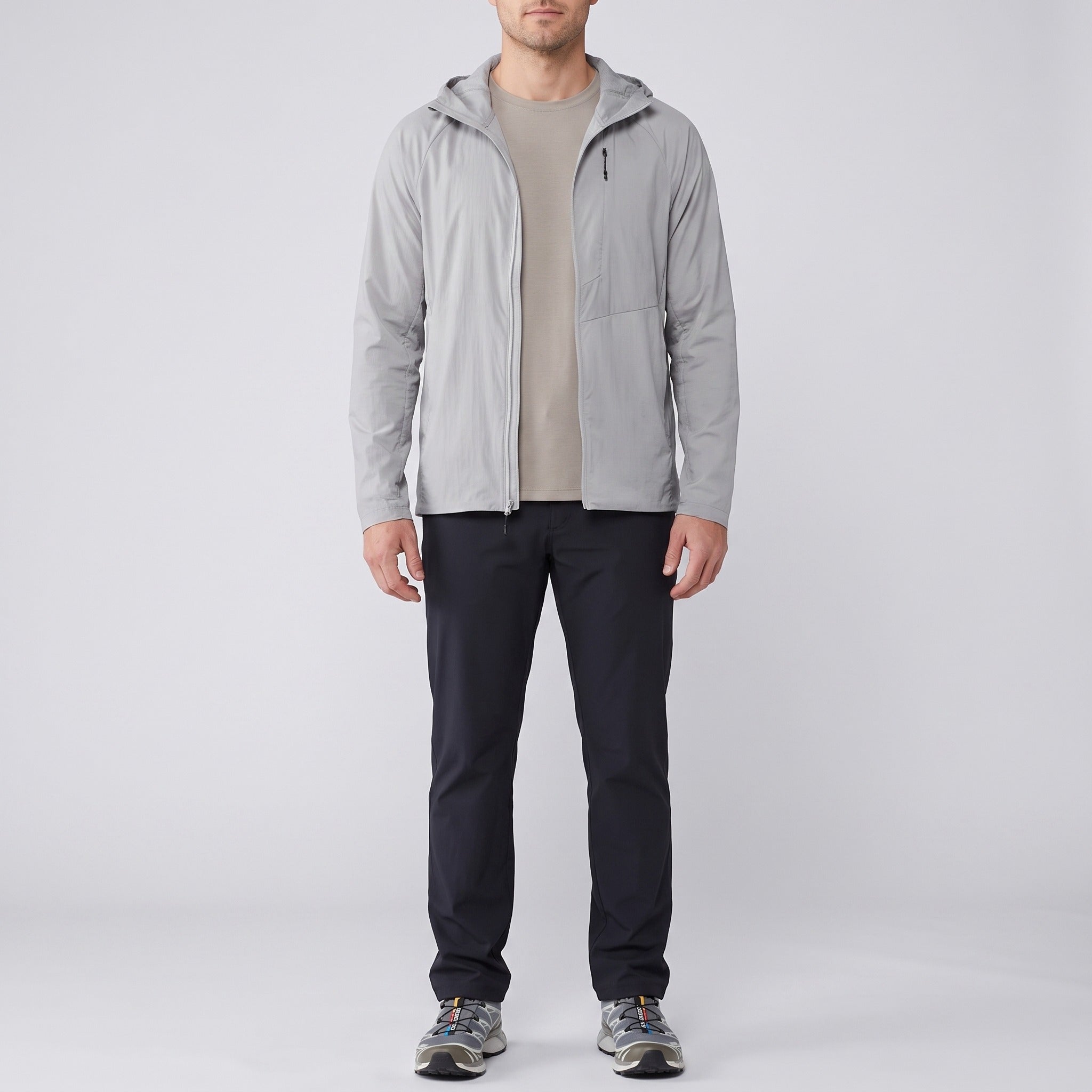 Men's windbreaker in Light Grey worn, front