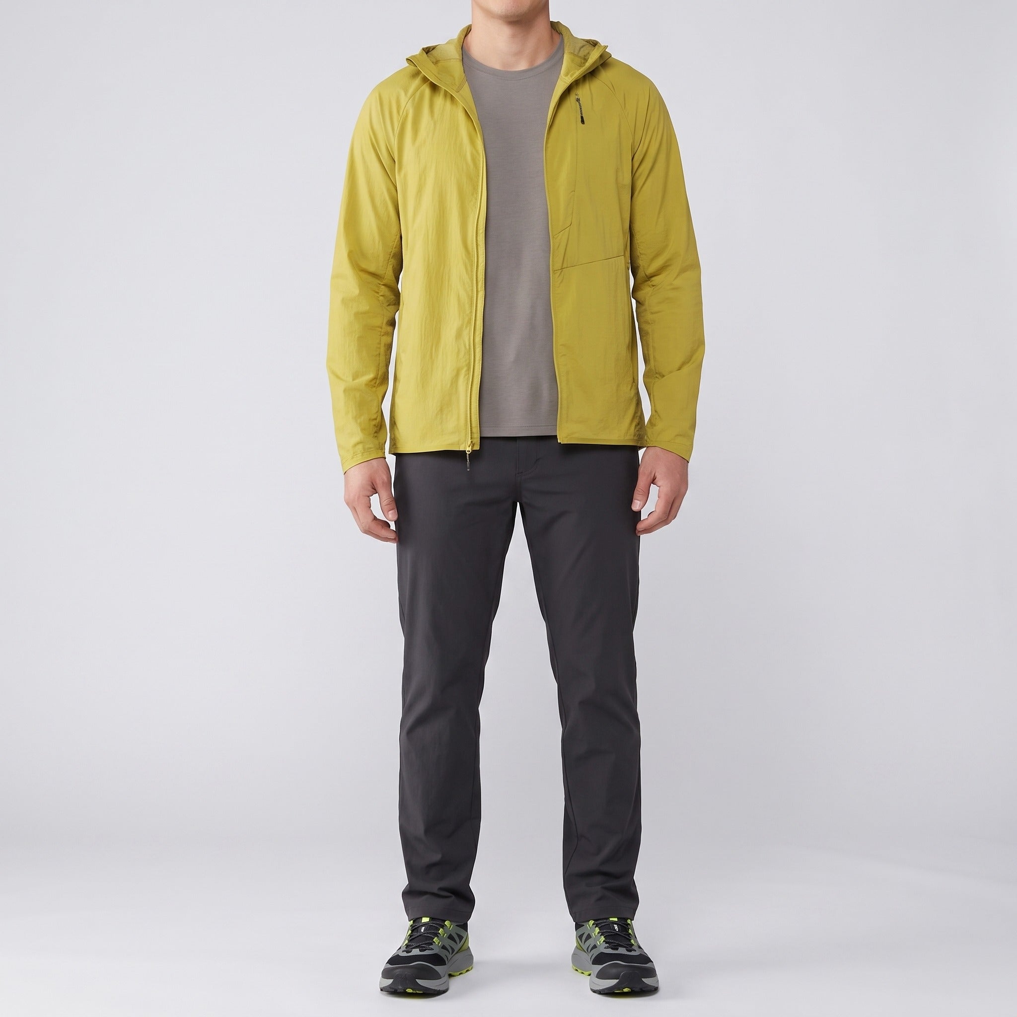 Men's windbreaker in Turmeric worn, front