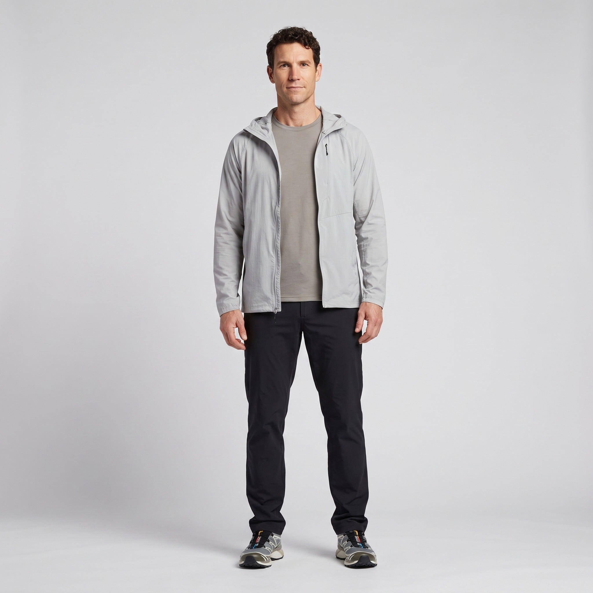 Man wearing the Light Grey lightweight windbreaker