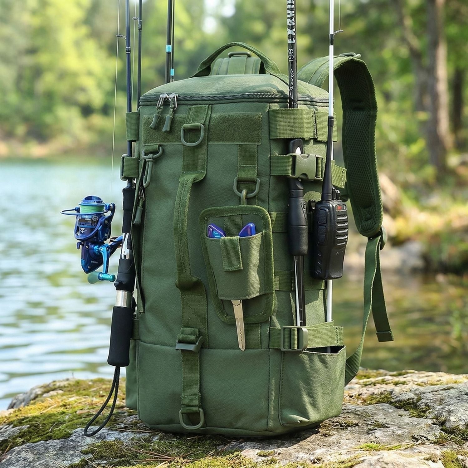 Fishing Backpack with Rod Holders - Water-Resistant Tackle Rucksack for Fishing and Outdoor Use
