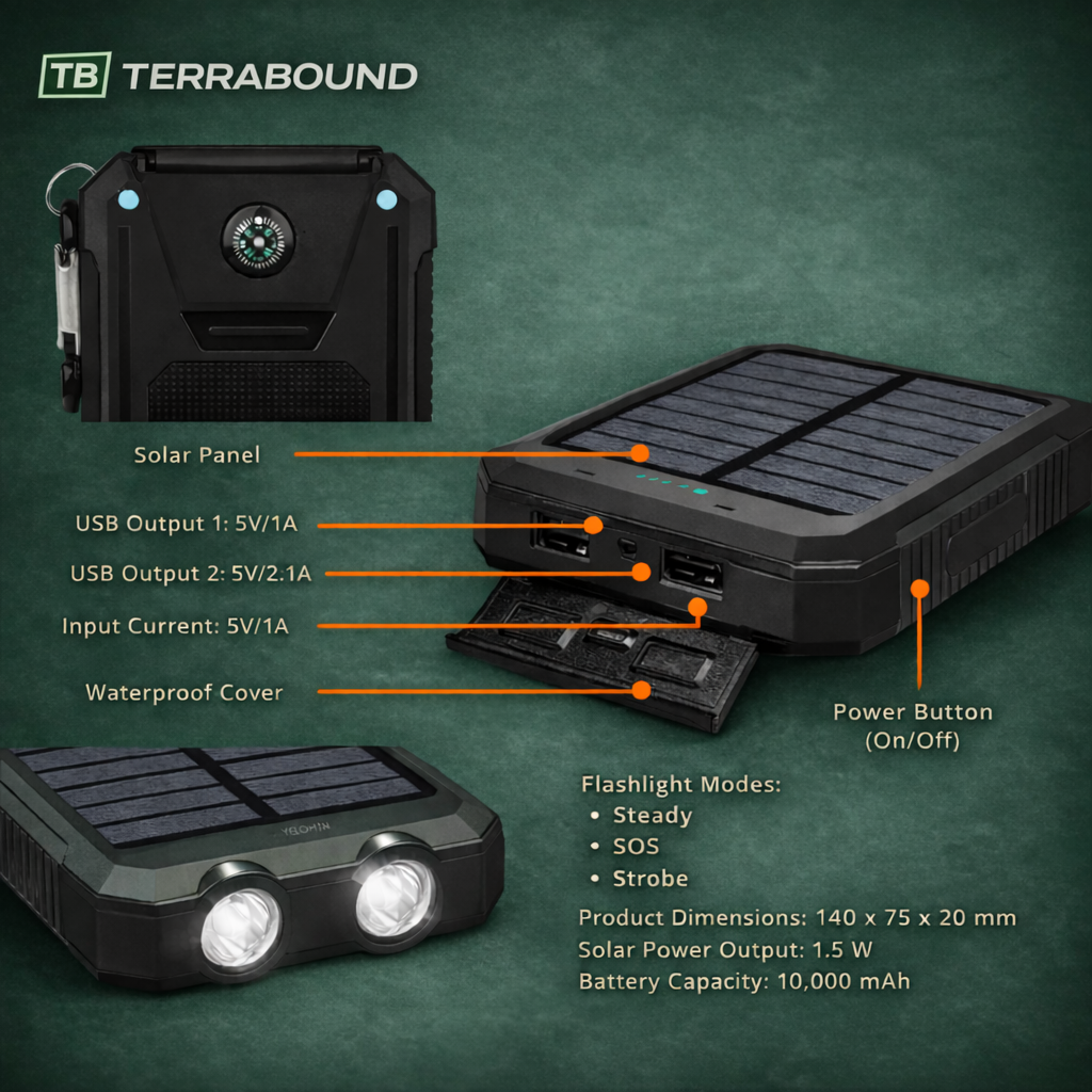 10,000mAh Solar Power Bank - Waterproof Outdoor Portable Charger for Hiking, Camping and Travel