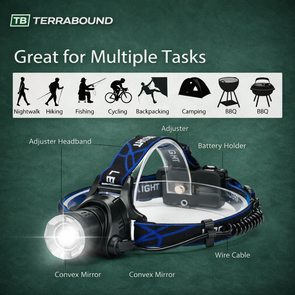 Rechargeable LED Headlamp - Waterproof Head Torch for Fishing, Hiking and Camping