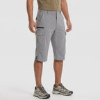 Grey 3/4 cargo shorts worn, three-quarter side view