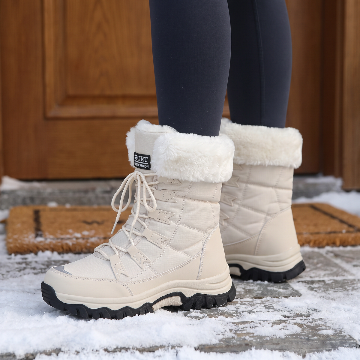 Mid-calf height of the lace up snow boots worn with leggings