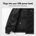 USB lead inside the heated jacket, plugs into your USB power bank, power bank sold separately