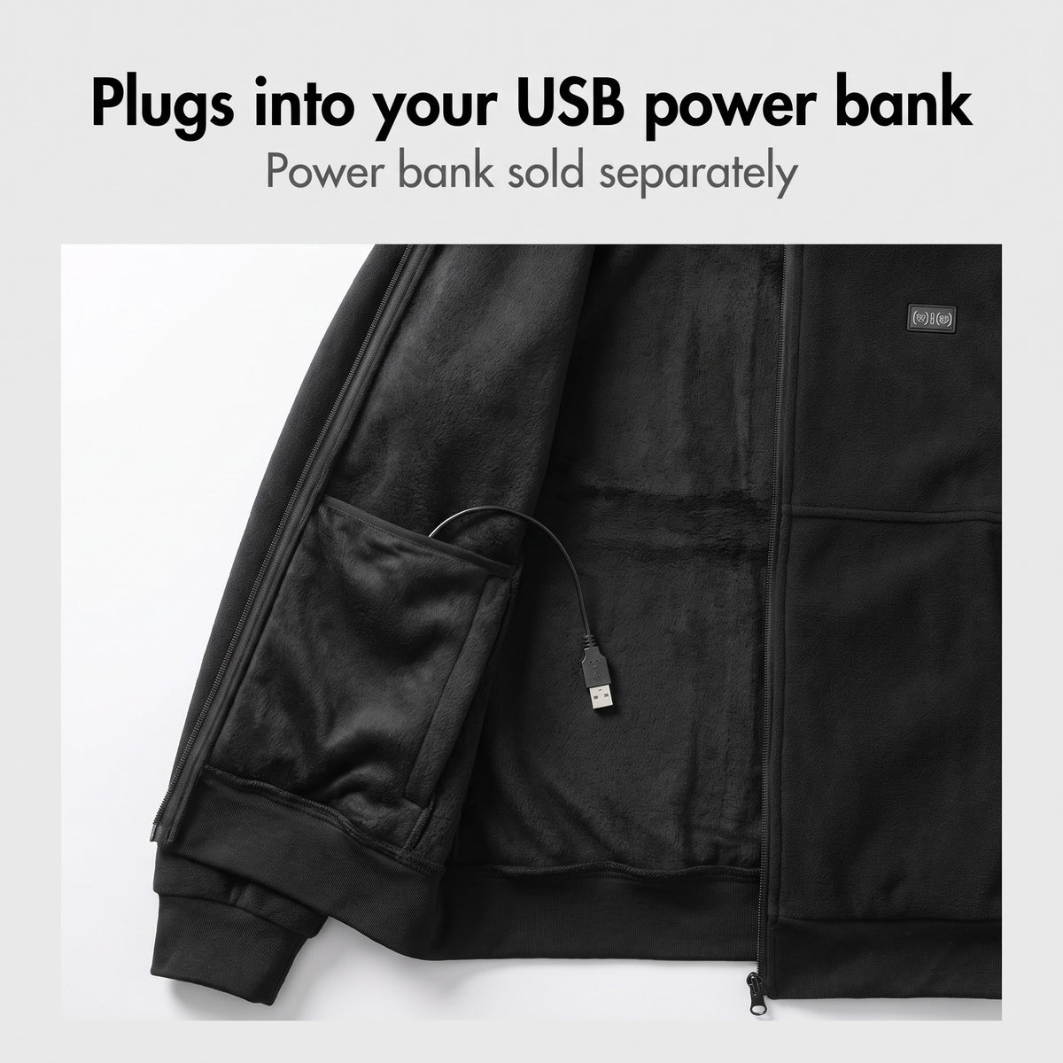 USB lead inside the heated jacket, plugs into your USB power bank, power bank sold separately