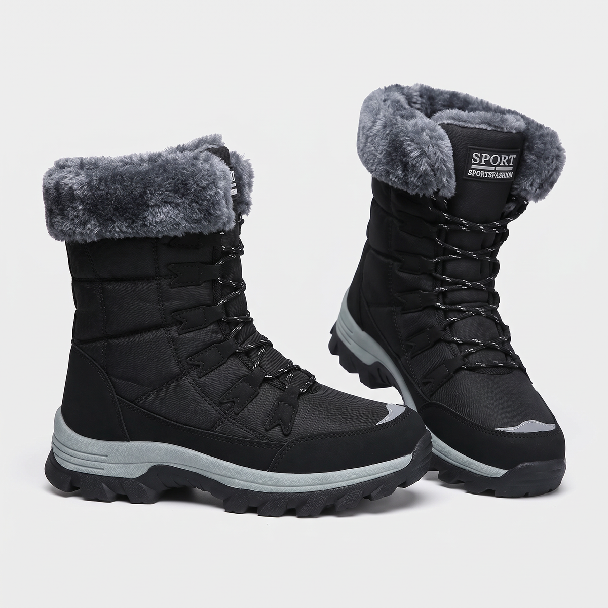 Women's fur lined lace up snow boots in Black with a grey faux fur cuff