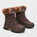 Women's fur lined lace up snow boots in Brown with a tan faux fur cuff