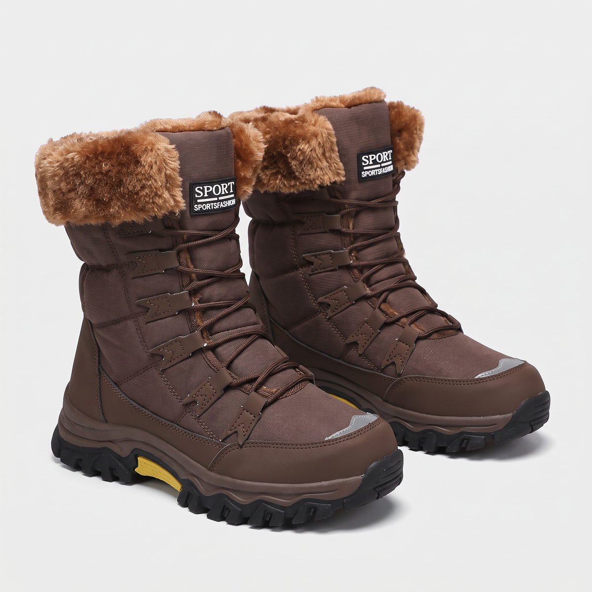 Women's fur lined lace up snow boots in Brown with a tan faux fur cuff