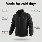 Heated jacket features: stand collar, full zip with wind flap, zipped side pockets, ribbed cuffs and hem, polar fleece lining