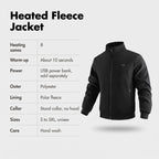 Heated fleece jacket specification card: 8 heating zones, about 10 seconds warm-up, polyester outer, polar fleece lining, S to 5XL