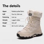 Snow boot details: padded quilted upper, faux fur cuff, lace-up, lugged rubber, mid-calf, UK 2 to 8.5