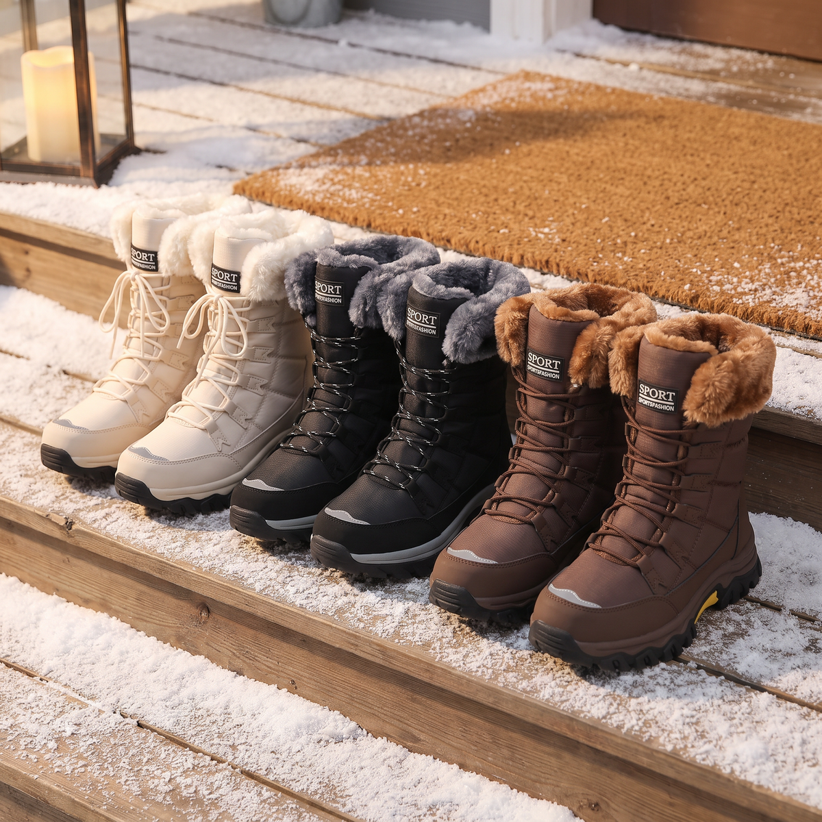 Beige, Black and Brown fur lined snow boots on a snowy porch step