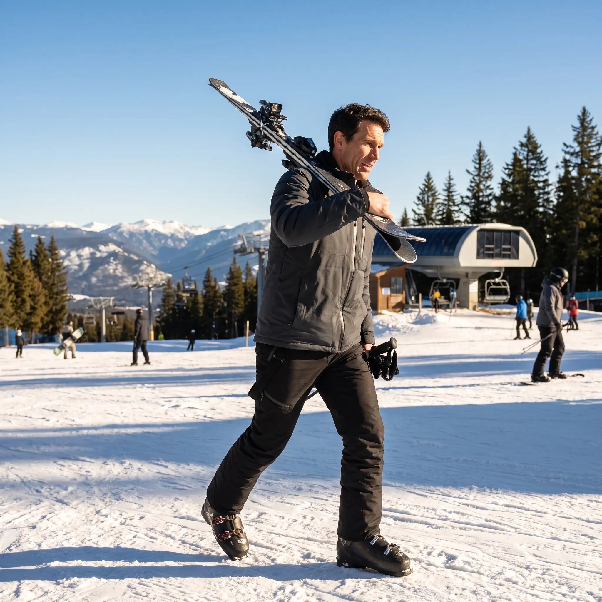 Skier carrying skis toward the lift wearing terrabound. ski trousers