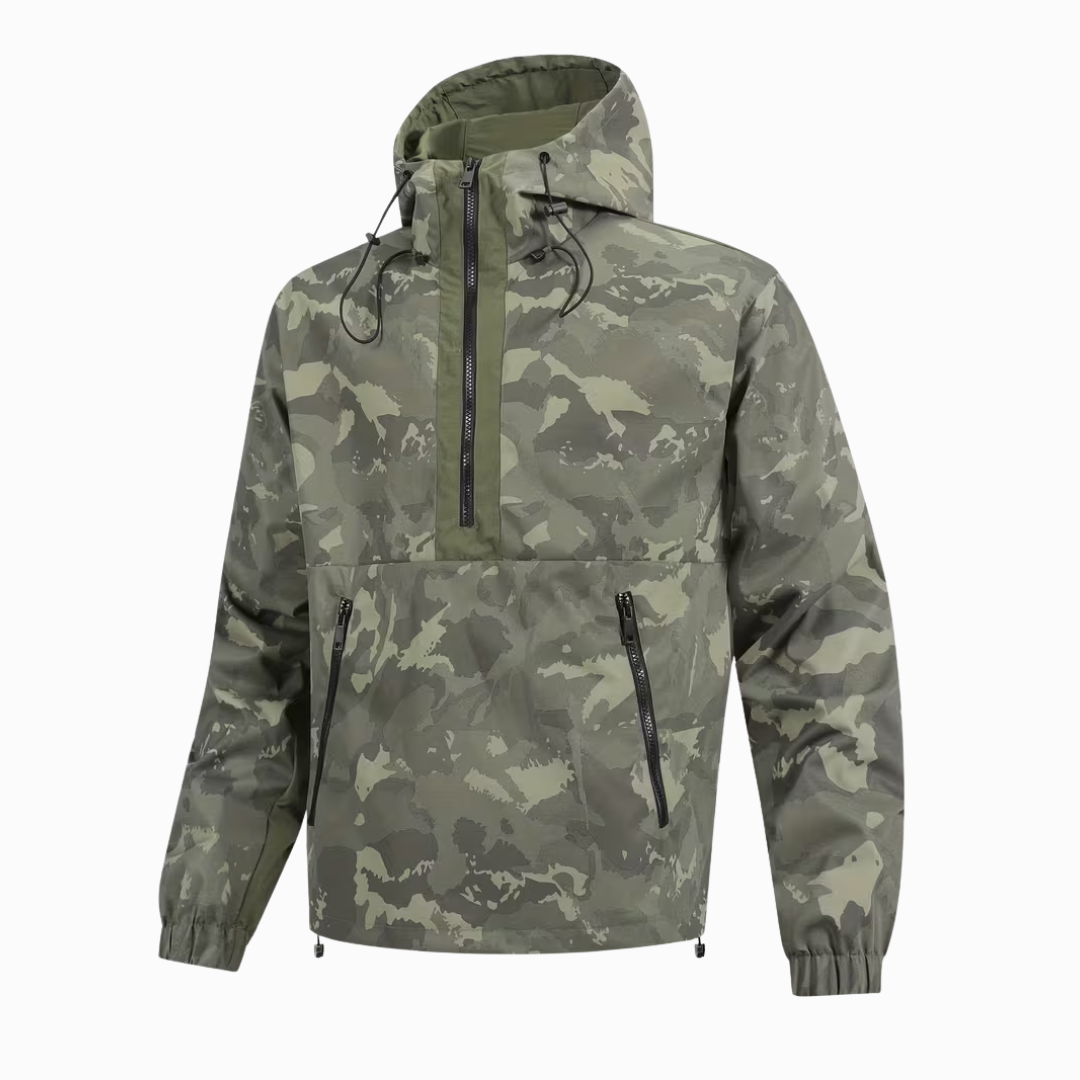Men's Camo Windbreaker Jacket - Lightweight Hooded Anorak - Half-Zip