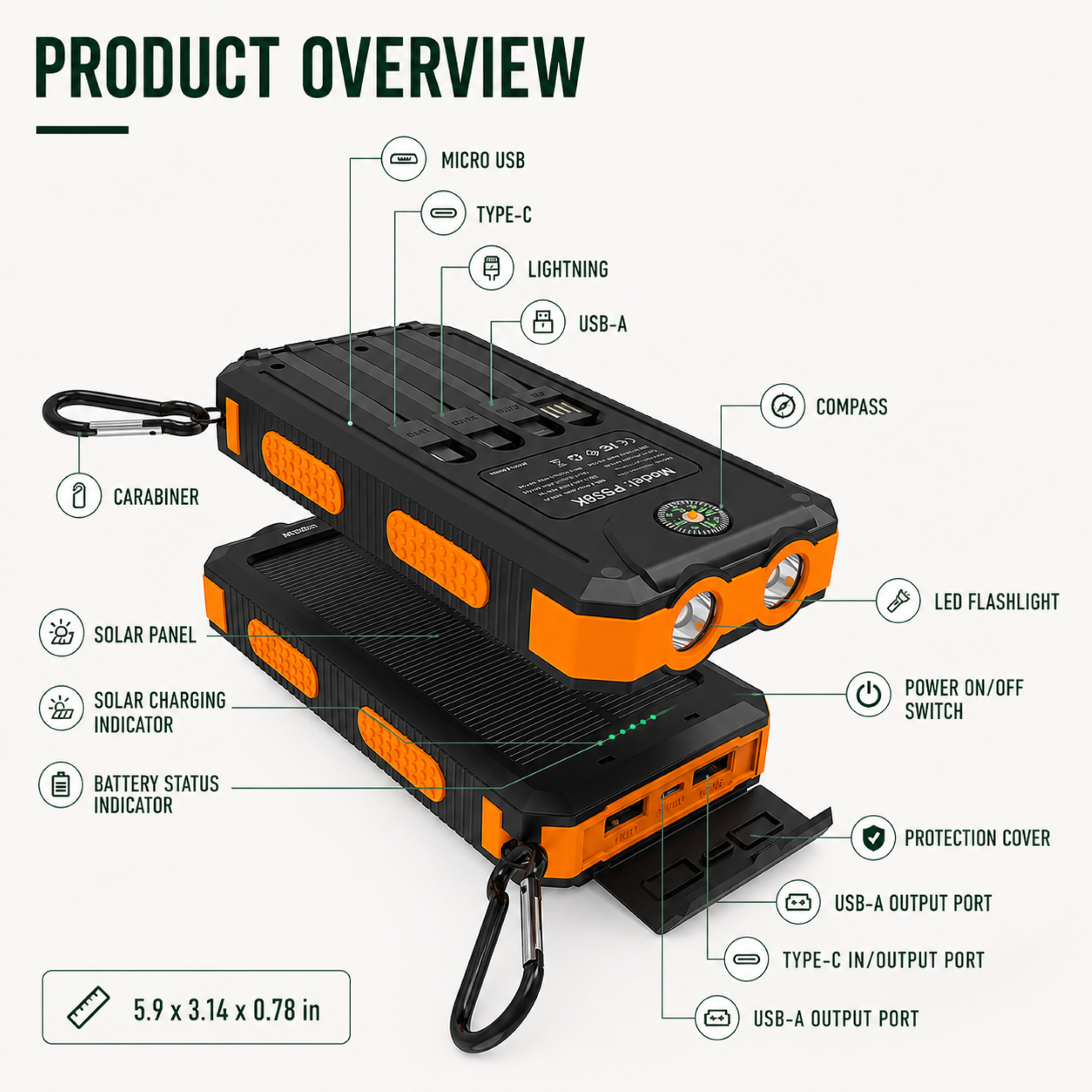 Solar Power Bank 20000mAh - Portable Solar Charger for Hiking & Camping