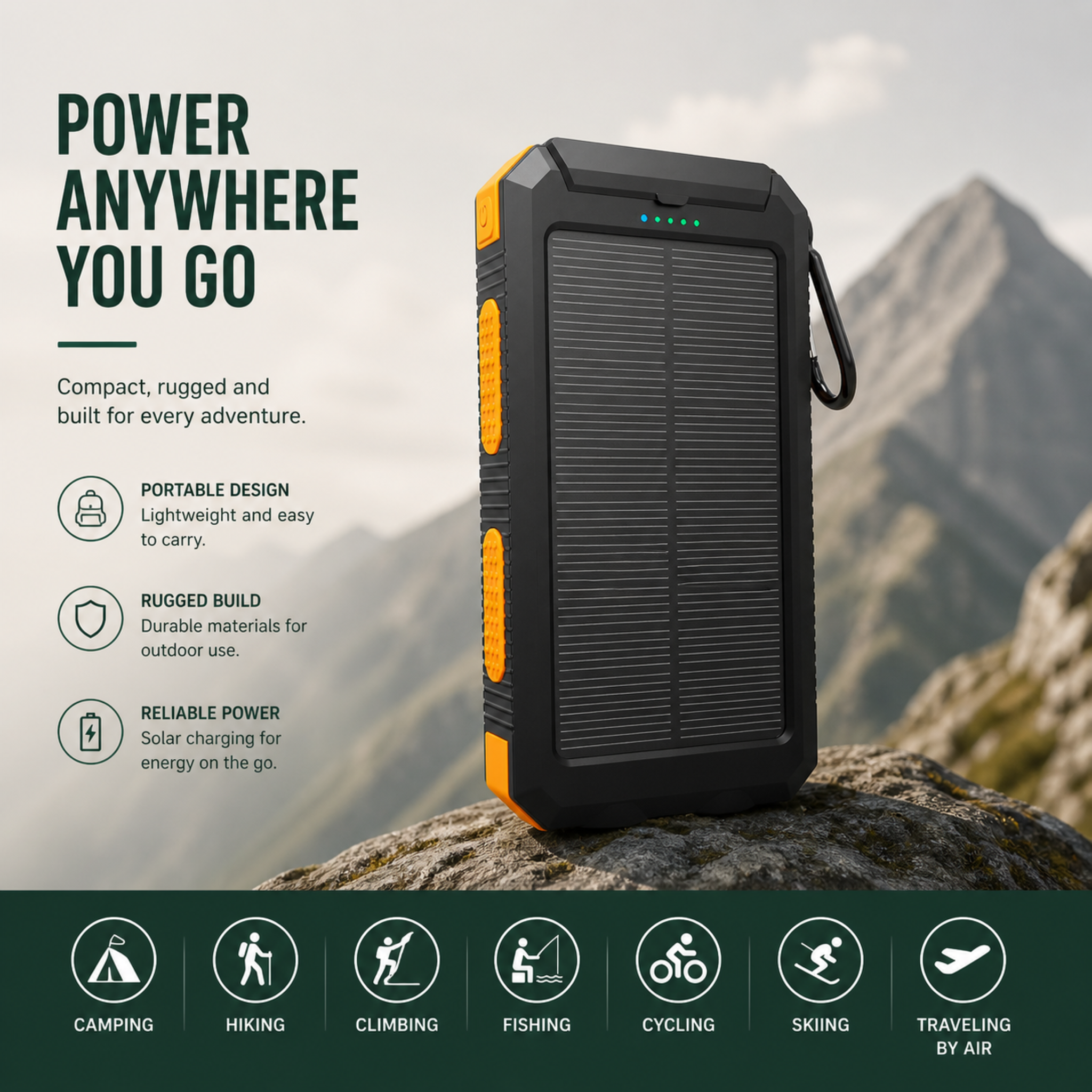 10,000mAh Solar Power Bank - Waterproof Outdoor Portable Charger for Hiking, Camping and Travel
