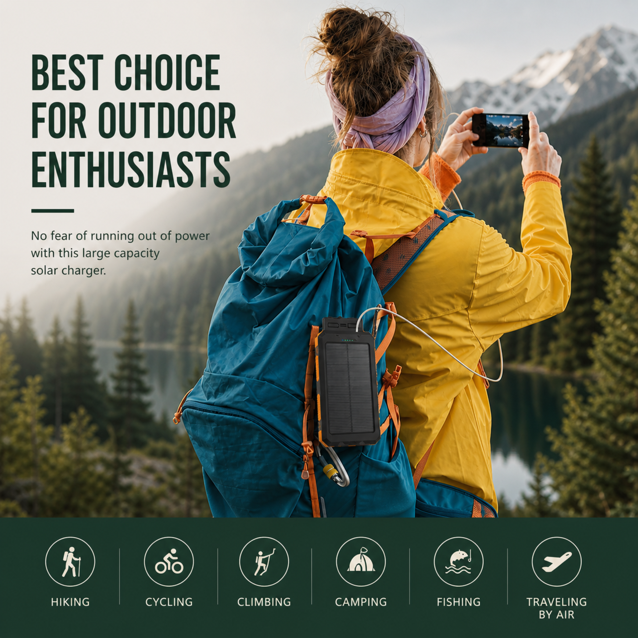 Solar Power Bank 20000mAh - Portable Solar Charger for Hiking & Camping