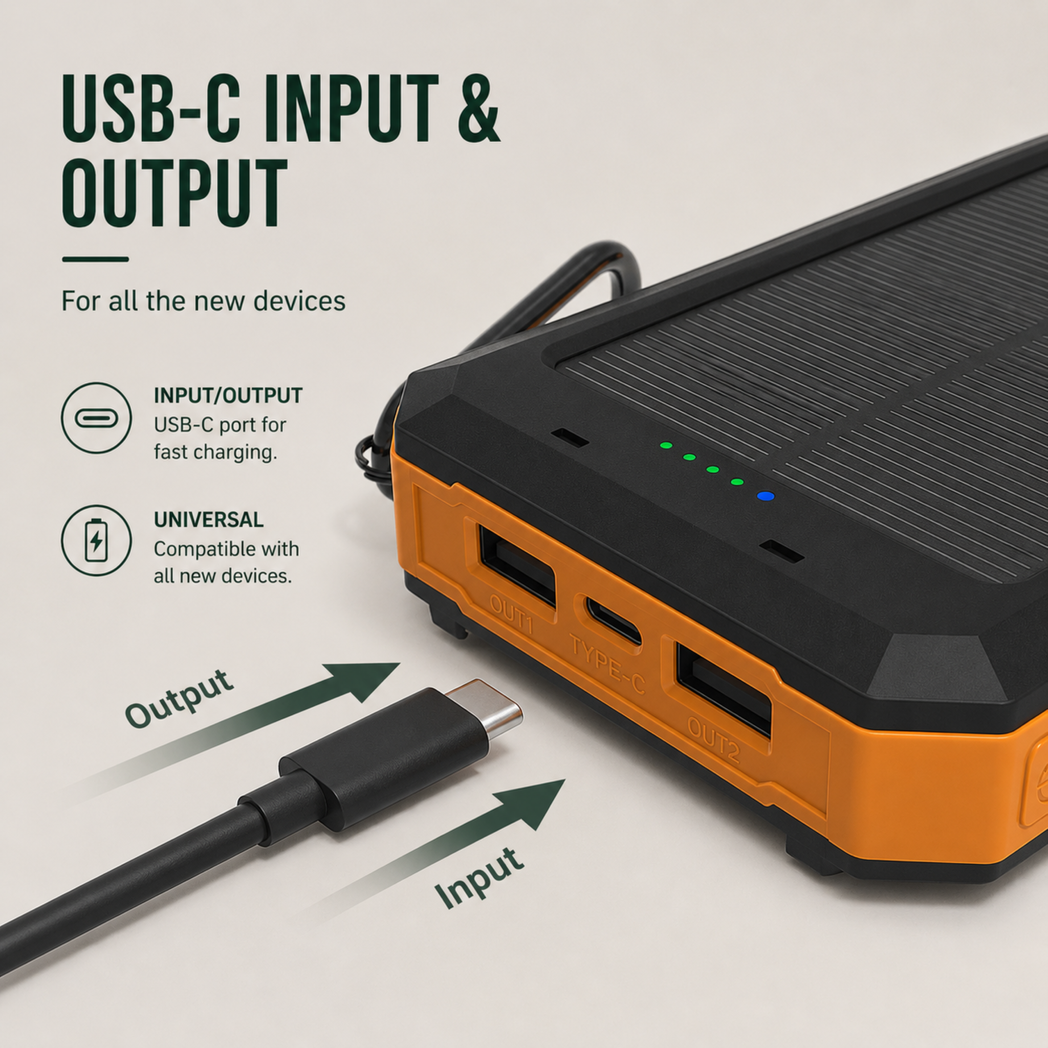 Solar Power Bank 20000mAh - Portable Solar Charger for Hiking & Camping