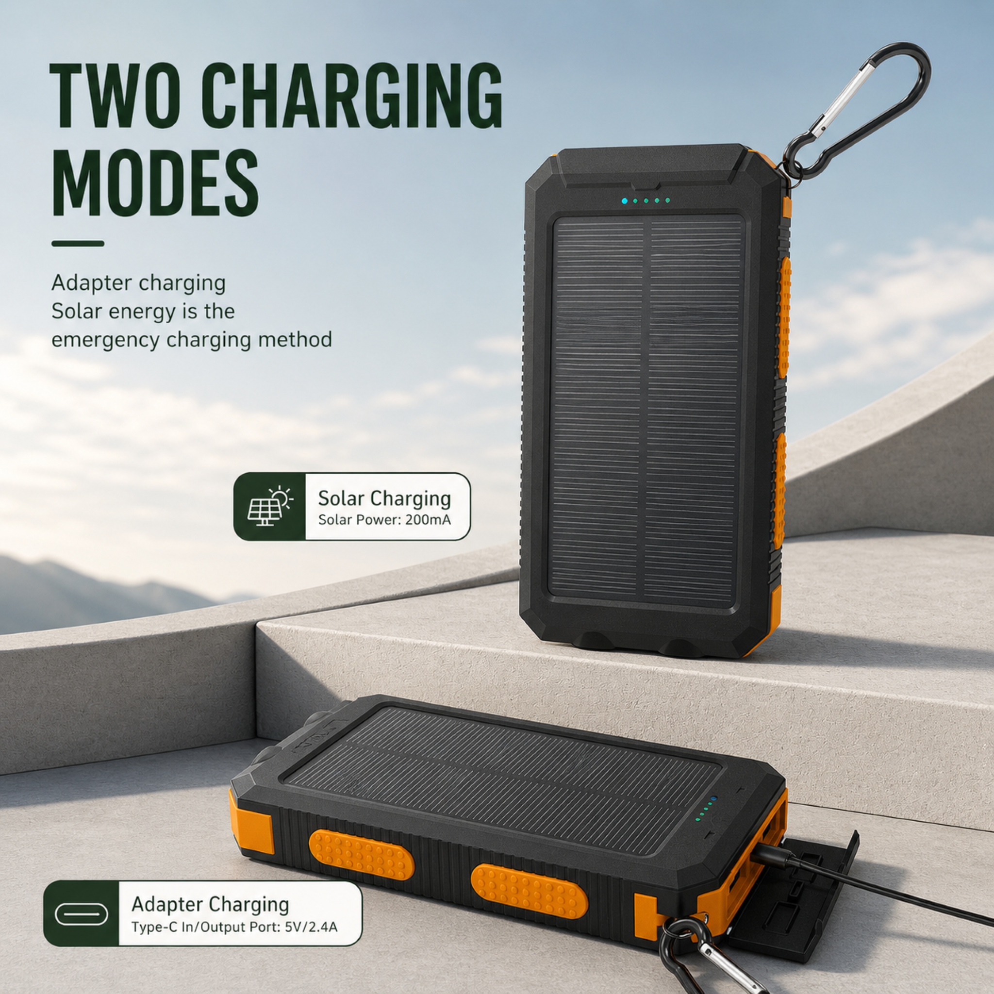 Solar Power Bank 20000mAh - Portable Solar Charger for Hiking & Camping