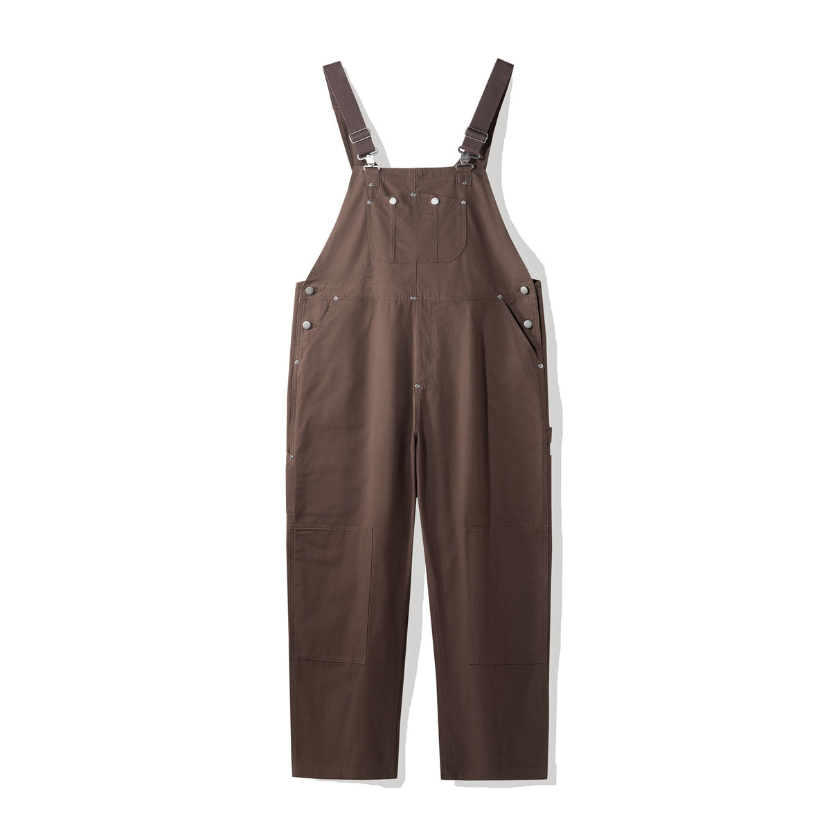 Coffee brown canvas bib dungarees shown front on