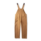 Camel canvas bib dungarees, full length front view